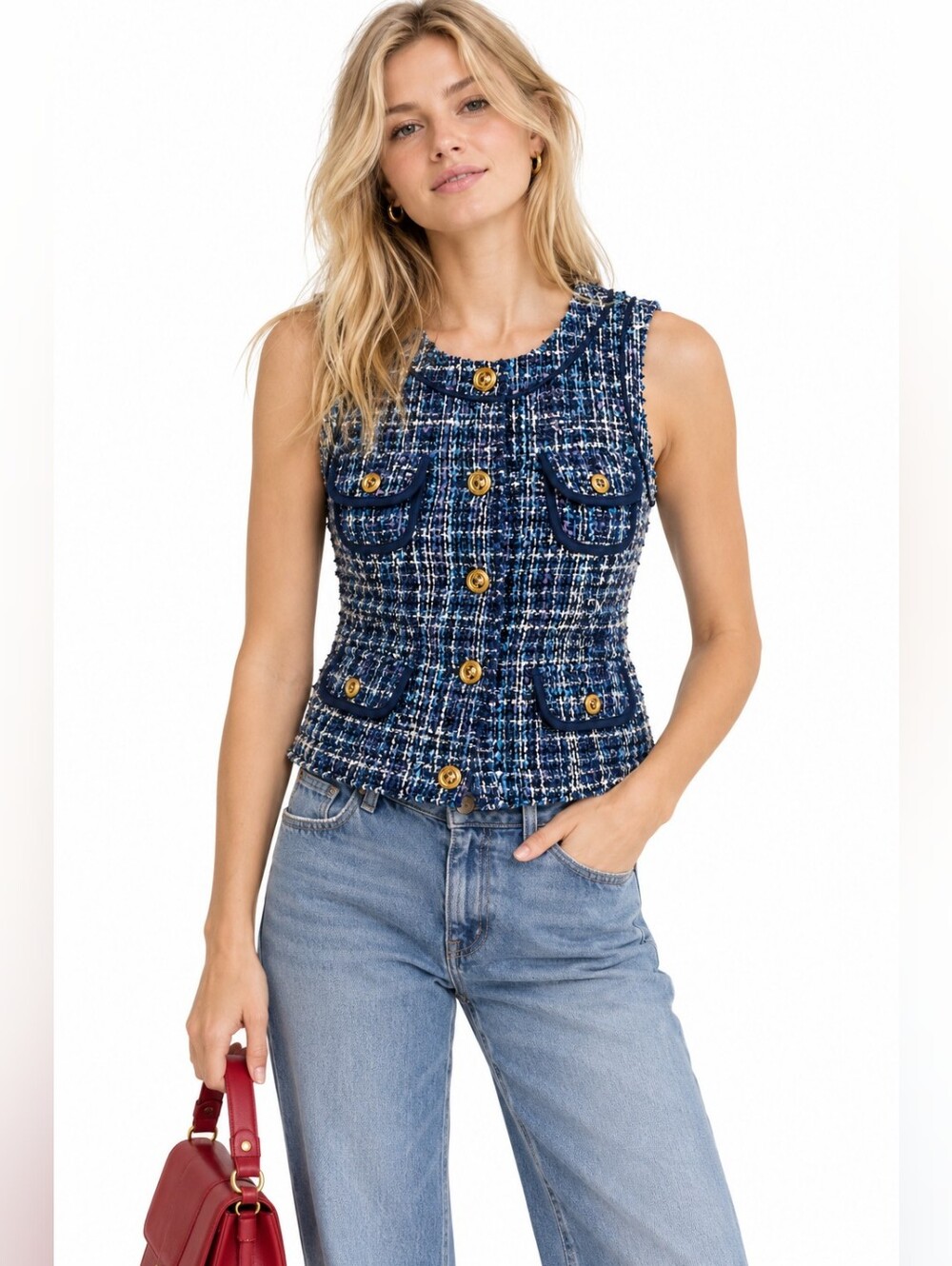 Vintage Cache Blue Bouclé Tweed Gold Button Vest Size 2